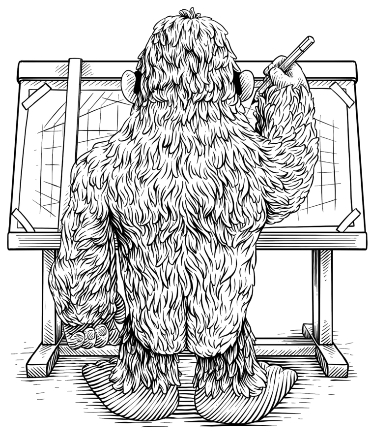 Gorilla at a drafting table preparing artwork for print